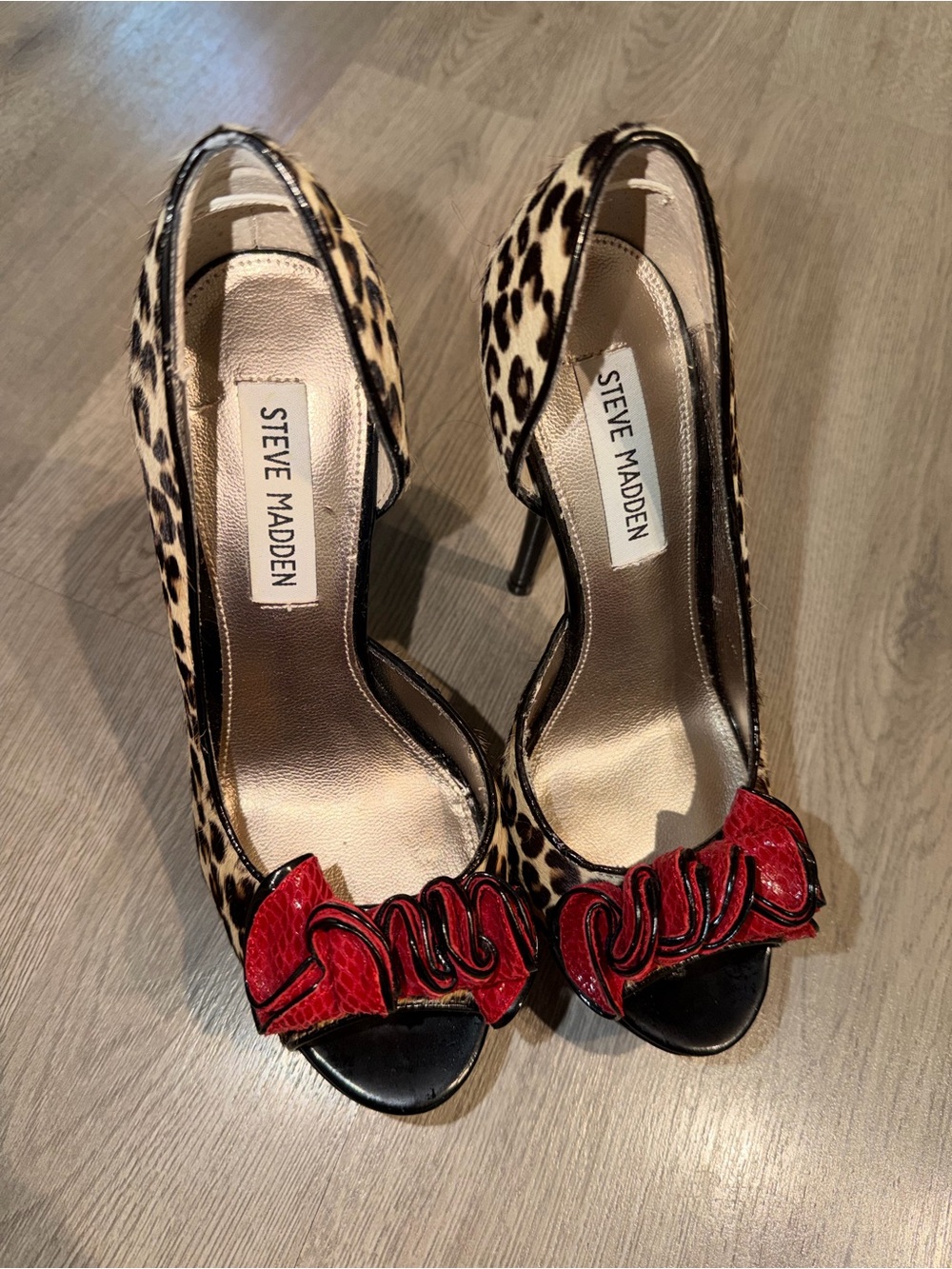 Steve Madden Leopard Print Peep-Toe Pumps with Red Bow Detail